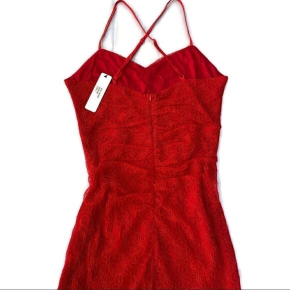 Red Ruched Appliquéd Strappy Vneck Dress with Criss Cross Back - Picture 10 of 11